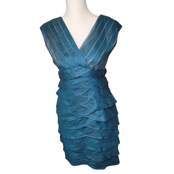 Adrianna Papell Petite Teal Blue Tiered Cocktail Party Dress 4P Shimmery Mermaid - Picture 2 of 12